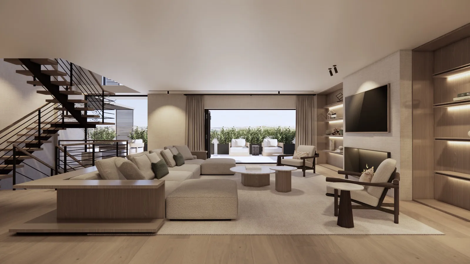 Living room with staircase and courtyard view – Lumara, Cape Town (3D render)