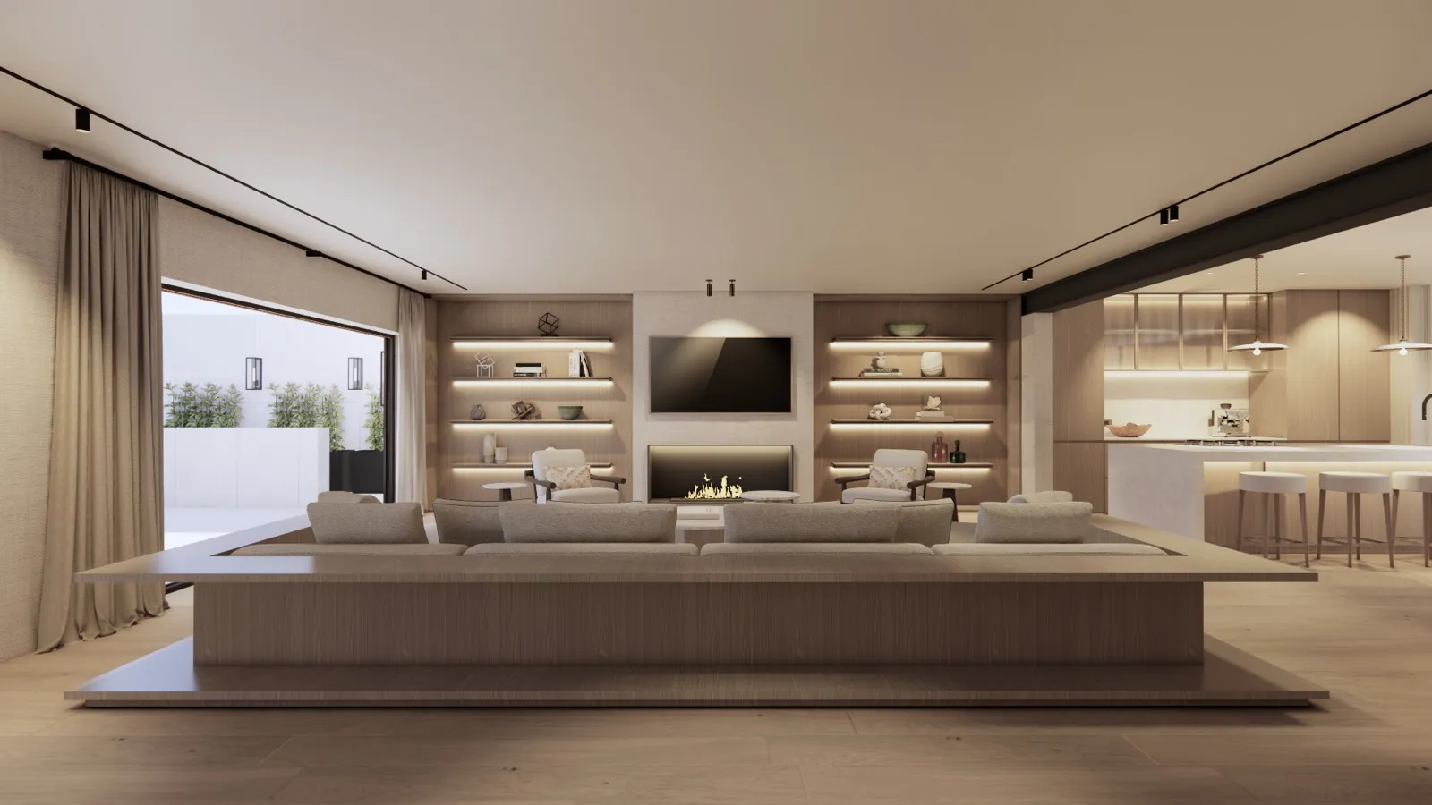 Living room with built-in shelving and TV wall – Lumara, Cape Town (3D render)