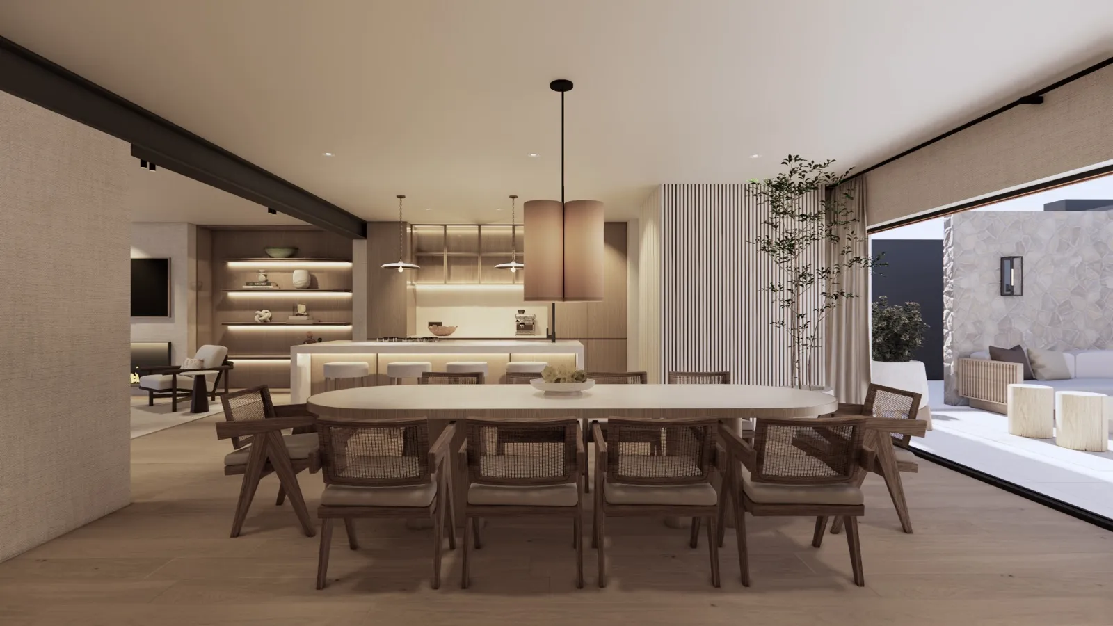 Dining table for ten beside the terrace – Lumara, Cape Town (3D render)