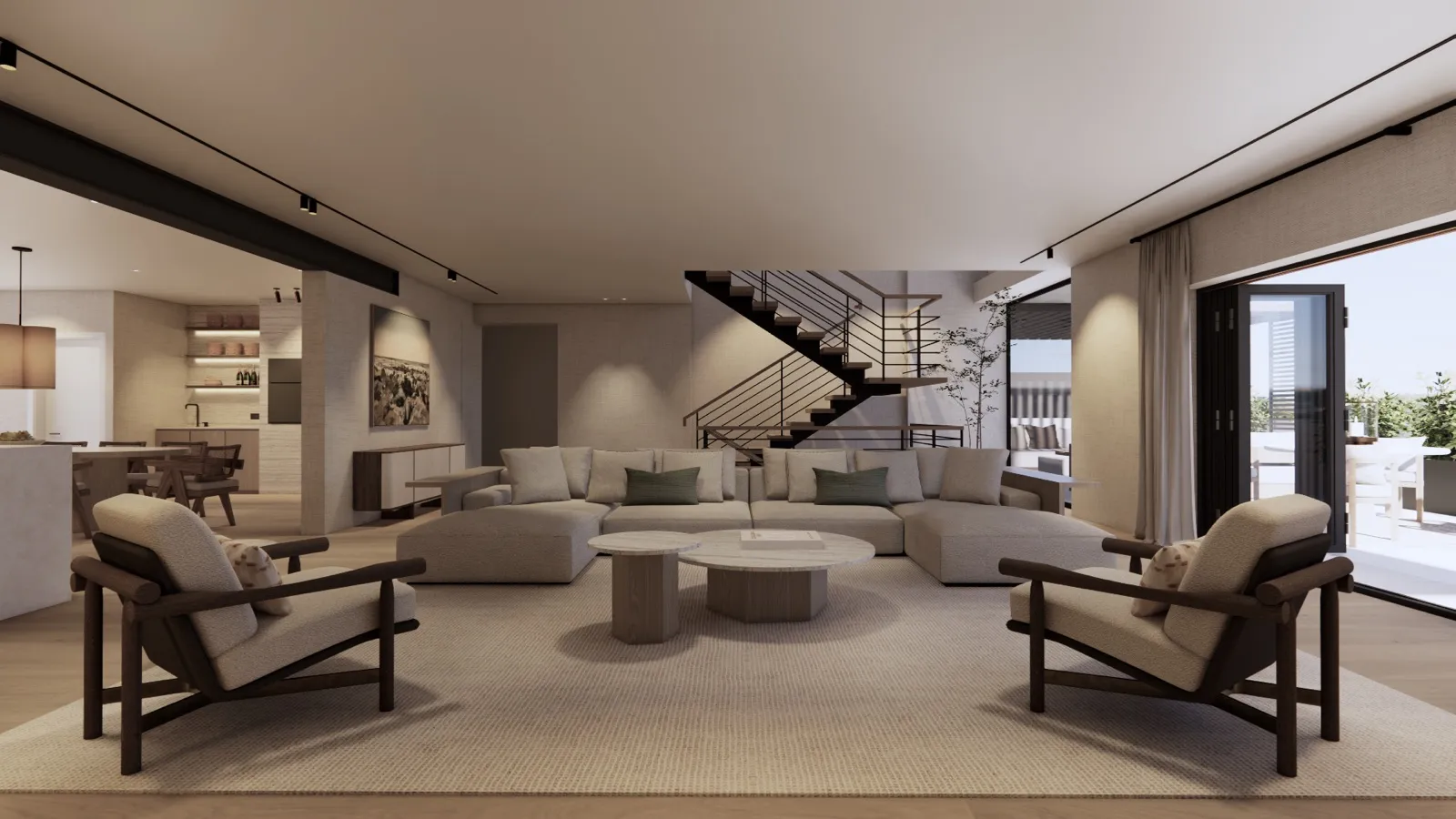 Living room with lounge chairs and stairs – Lumara, Cape Town (3D render)