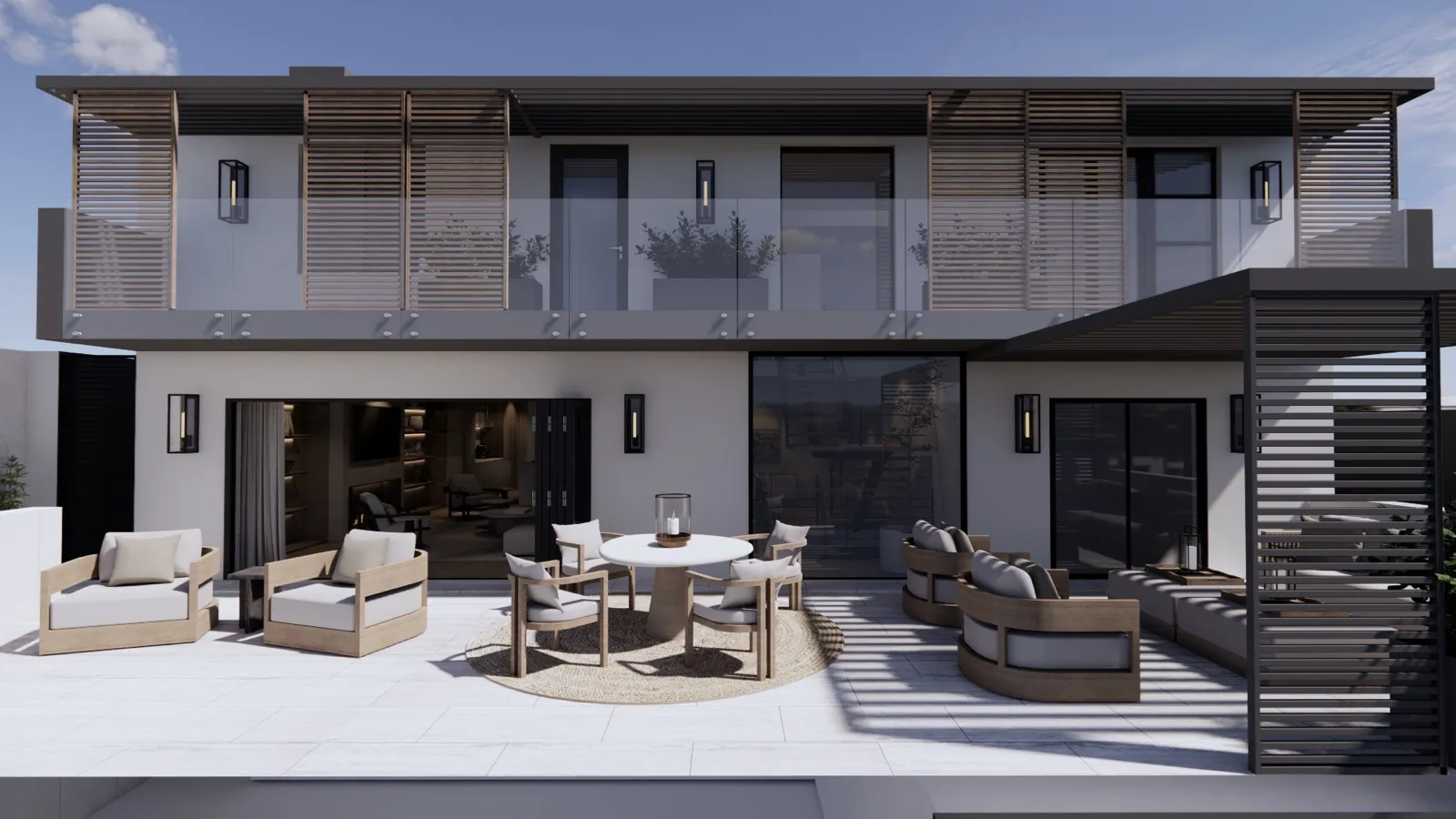 Villa exterior with terrace and outdoor dining – Lumara, Cape Town (3D render)