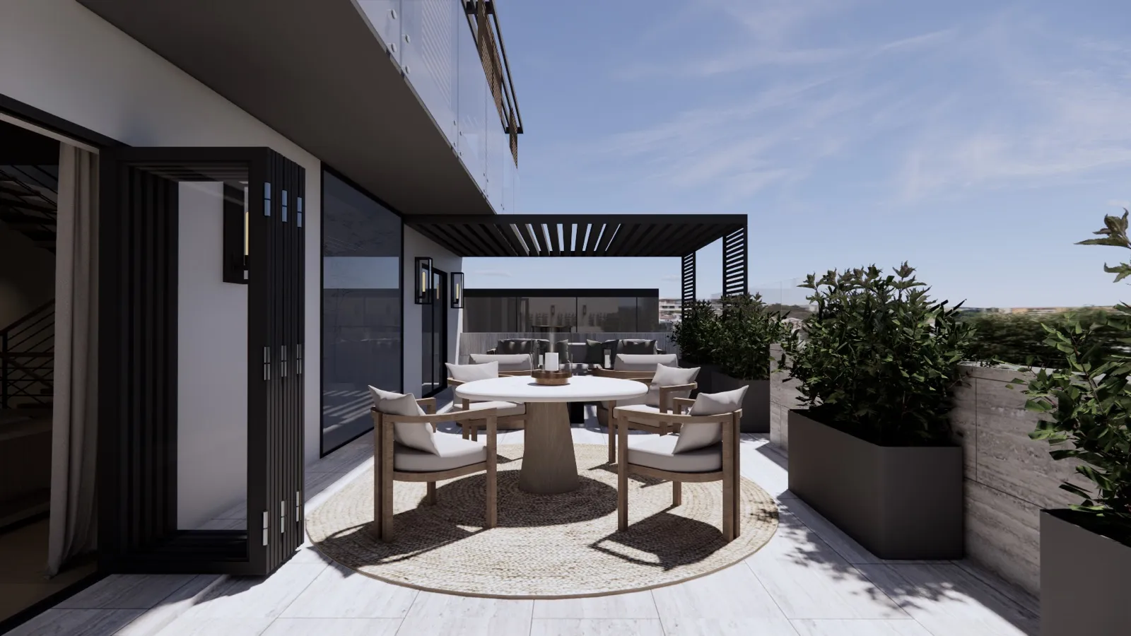 Covered terrace with outdoor dining table – Lumara, Cape Town (3D render)