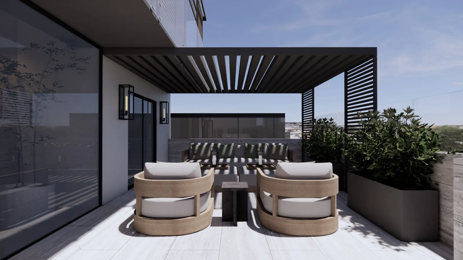 Pergola terrace with lounge seating – Lumara, Cape Town (3D render)