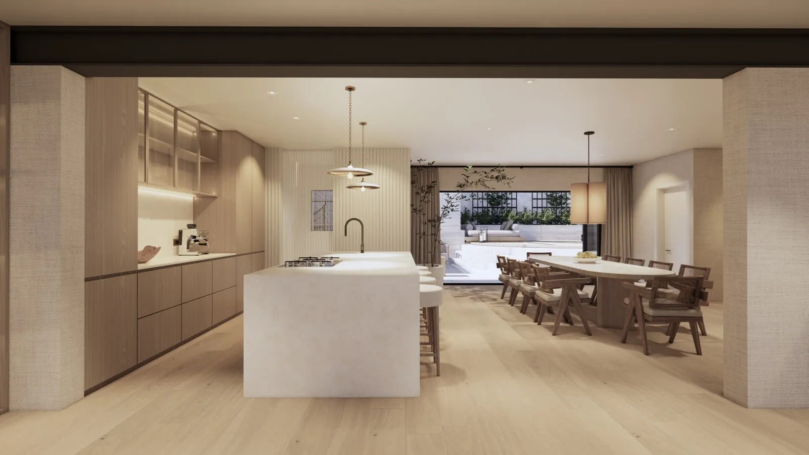 Kitchen island and dining area – Lumara, Cape Town (3D render)