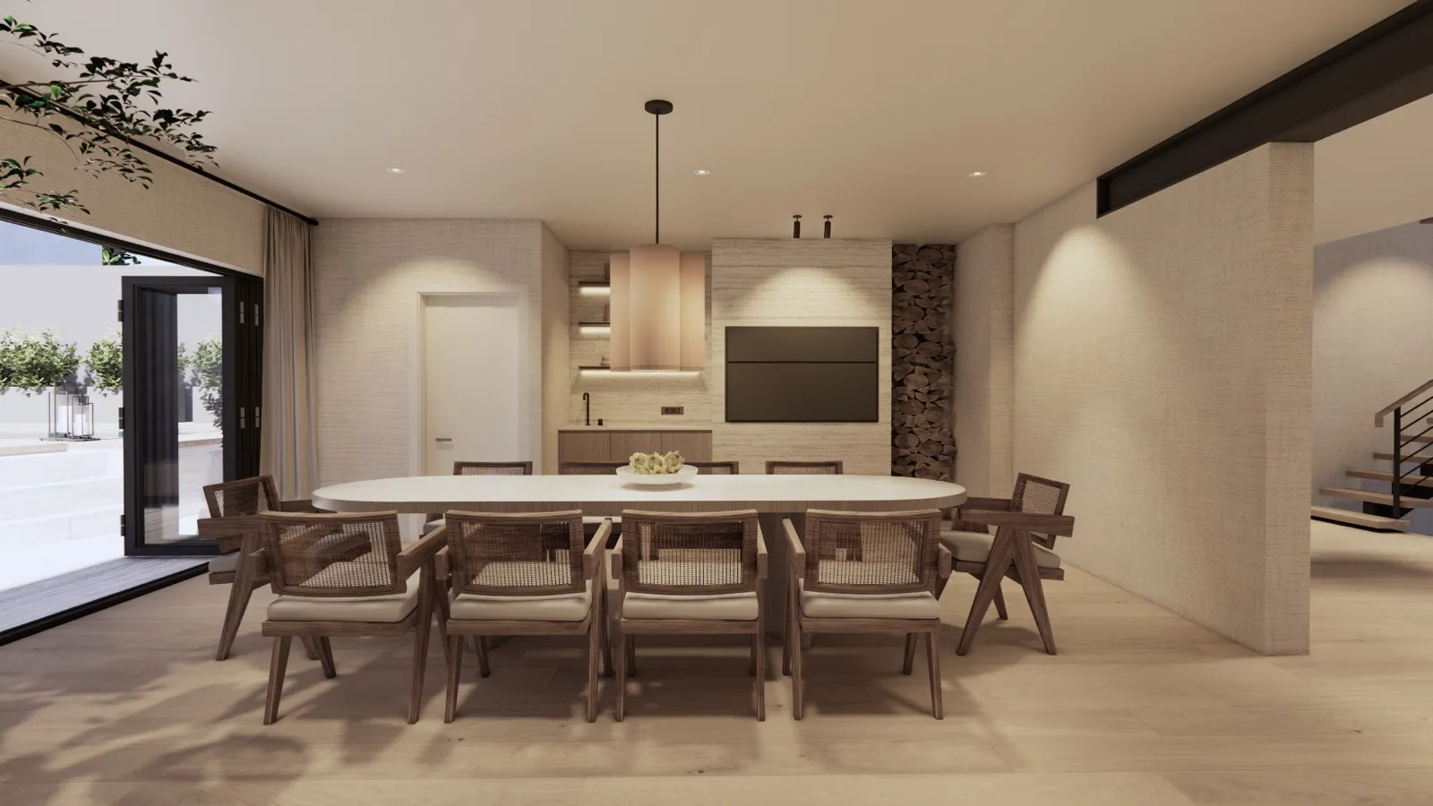 Dining area opening onto the terrace – Lumara, Cape Town (3D render)