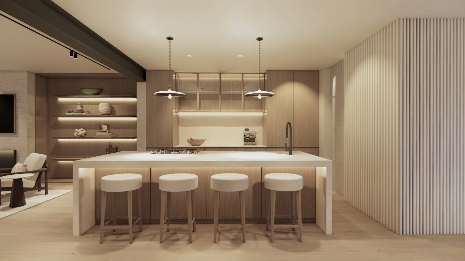 Kitchen island with bar stools – Lumara, Cape Town (3D render)