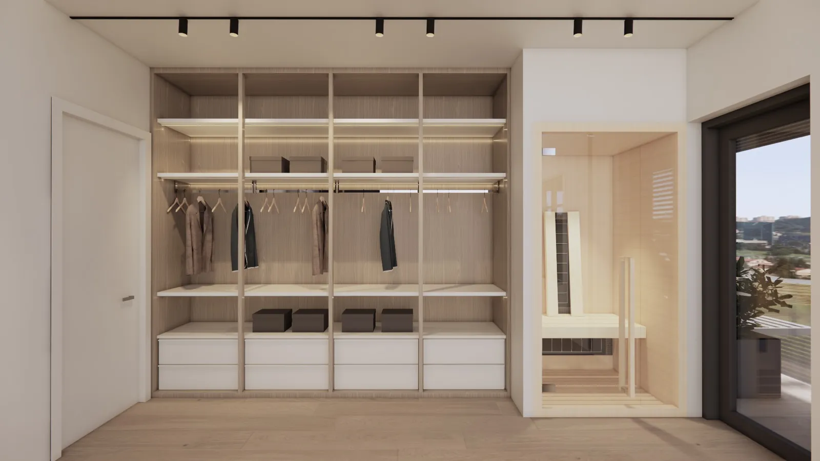 Walk-in dressing room with sauna – Lumara, Cape Town (3D render)