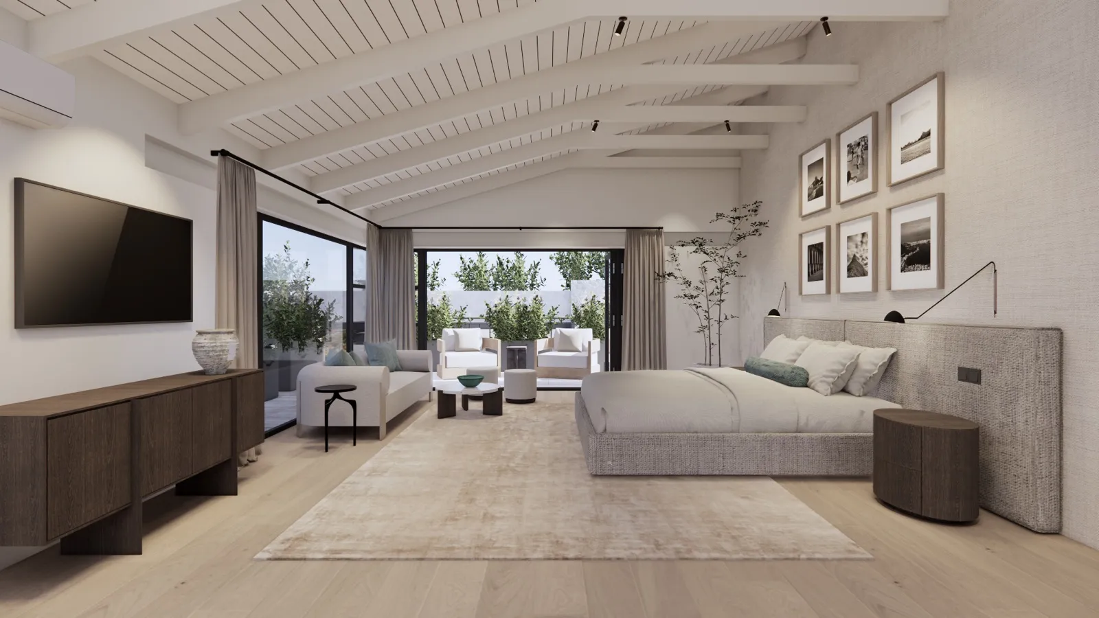 Master bedroom with sea view and TV – Lumara, Cape Town (3D render)