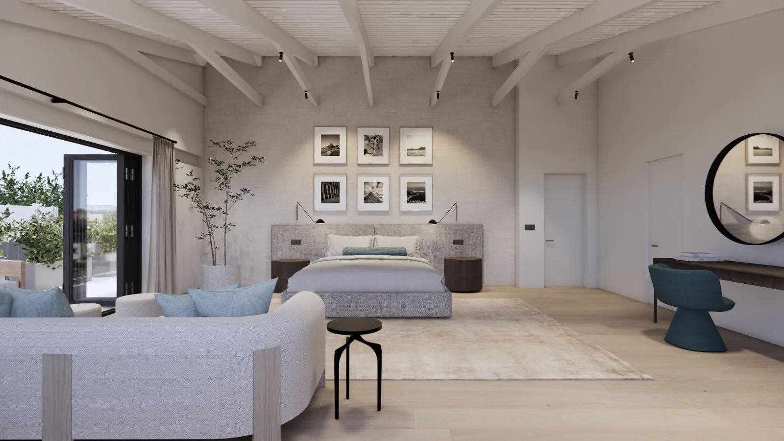 Master bedroom with sofa and vanity – Lumara, Cape Town (3D render)