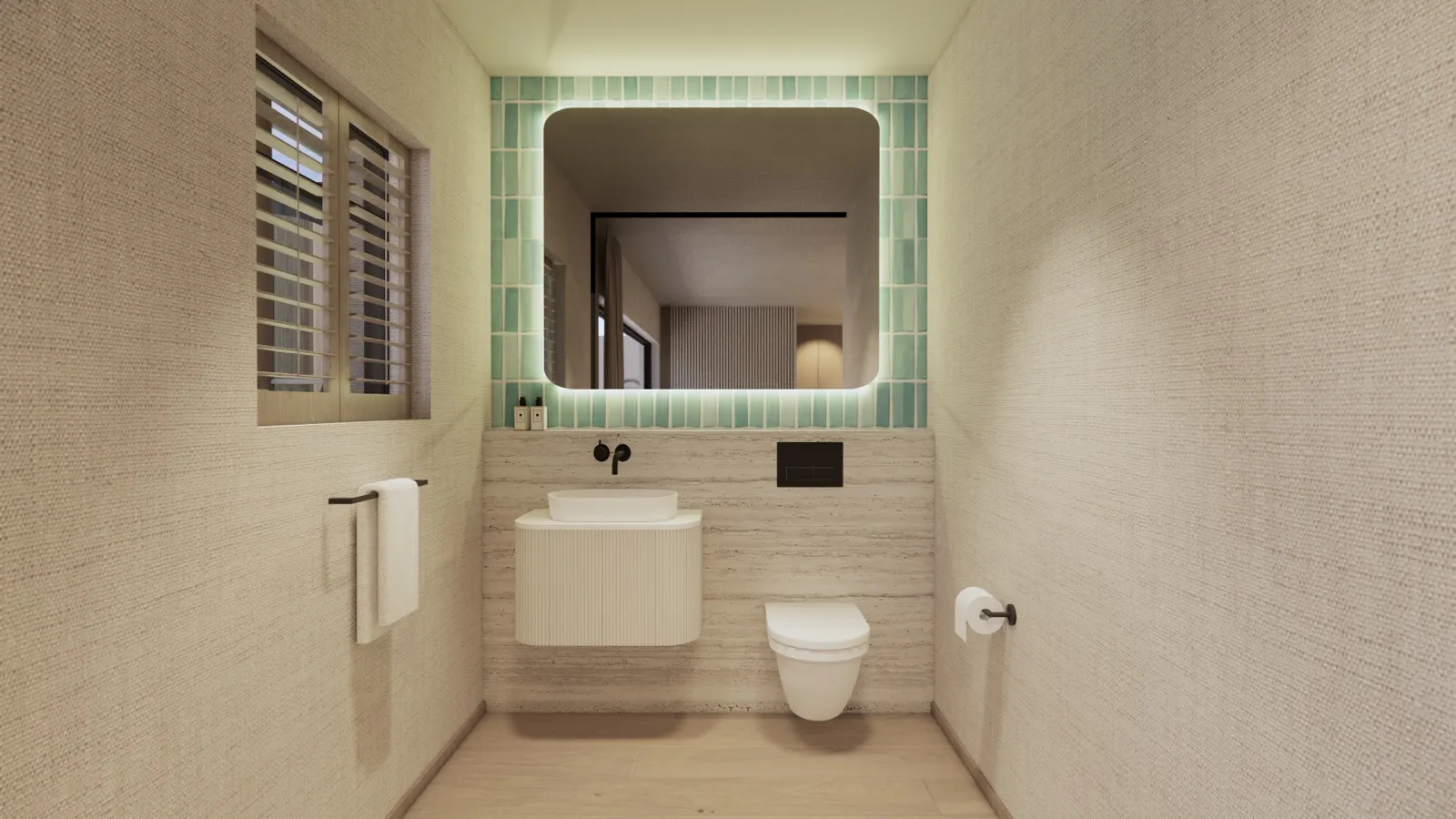 Bathroom with mint-tiled mirror wall – Lumara, Cape Town (3D render)