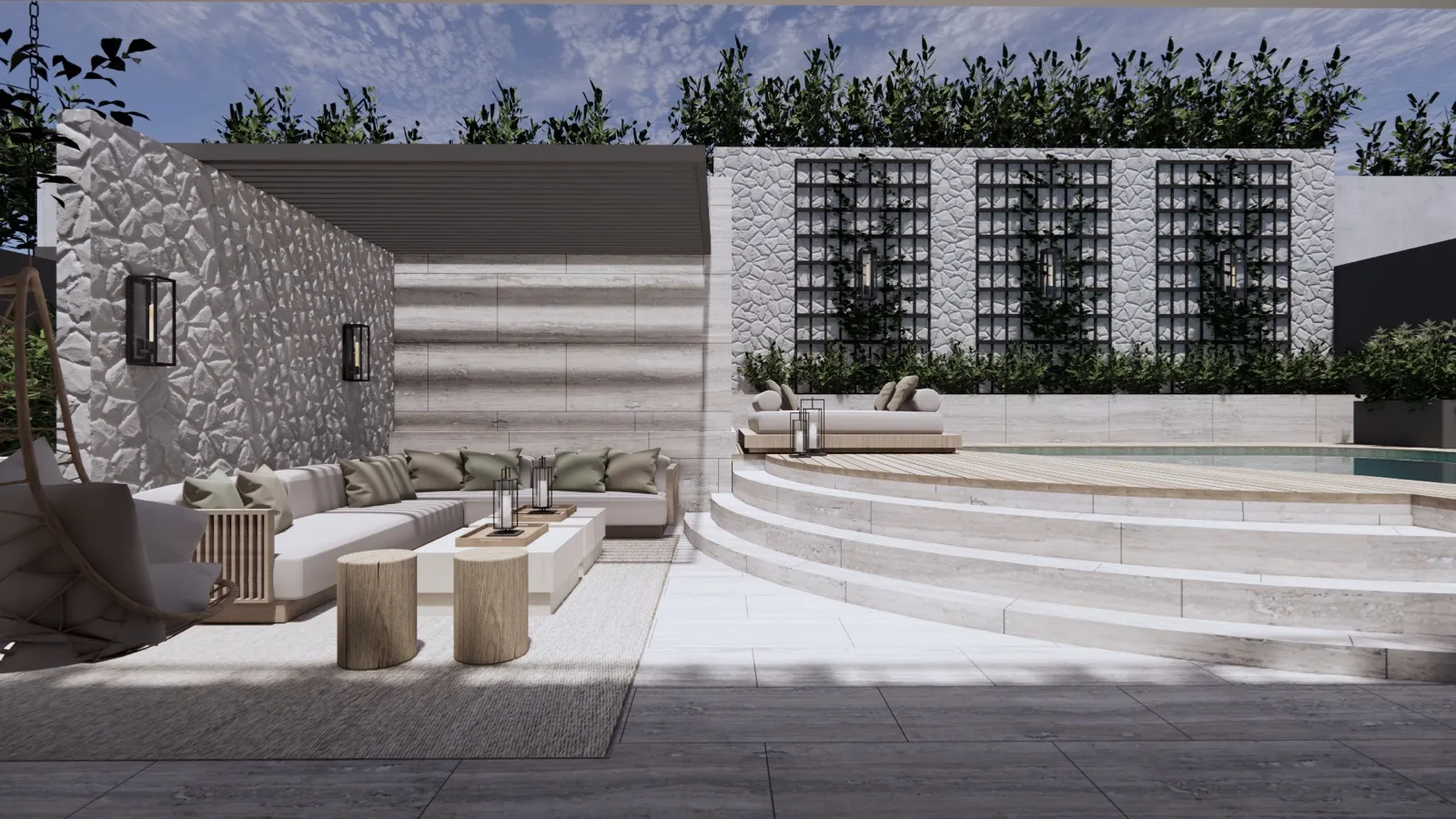 Courtyard lounge with stone wall and pool steps – Lumara, Cape Town (3D render)