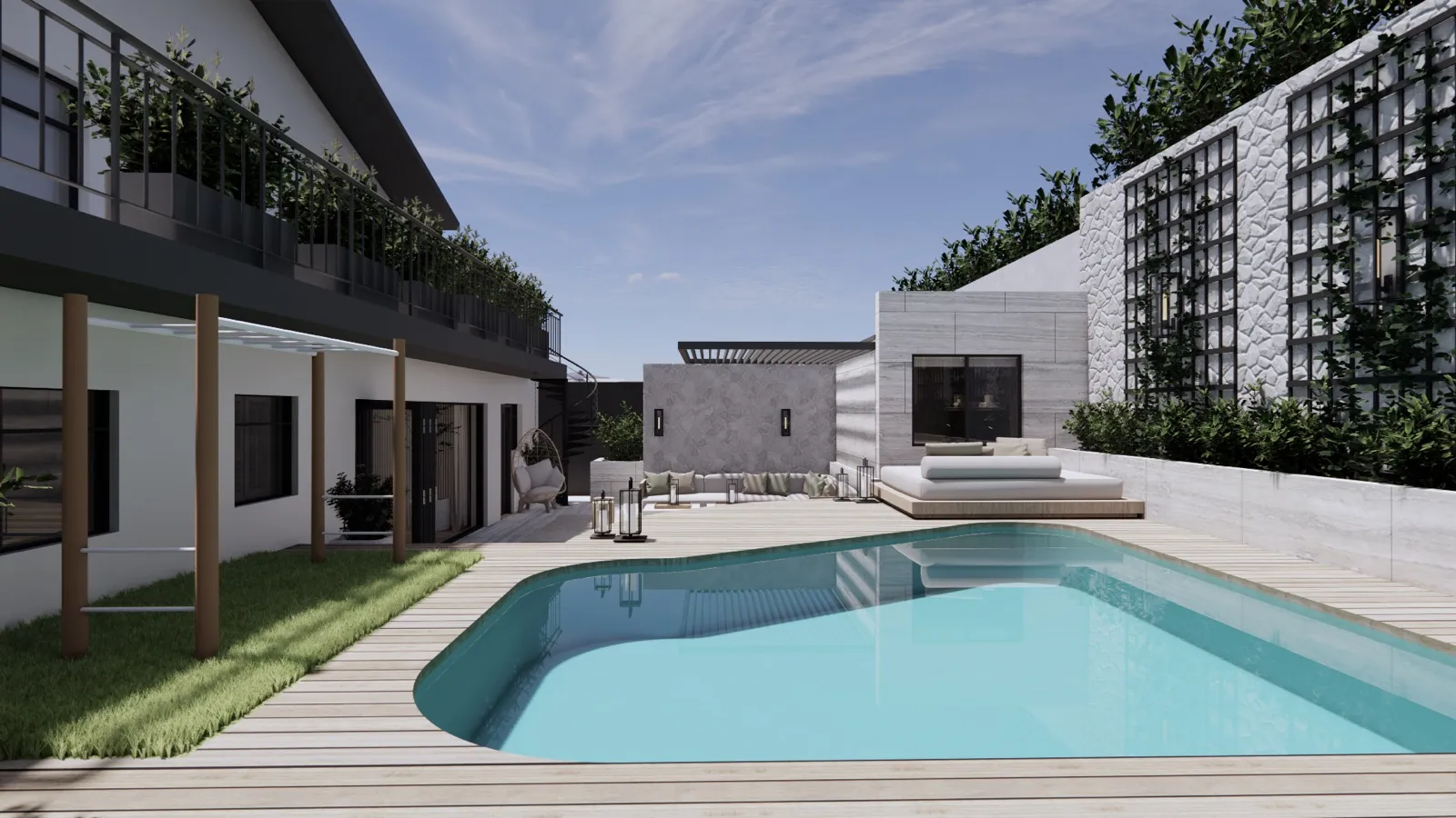 Heated pool and garden courtyard – Lumara, Cape Town (3D render)