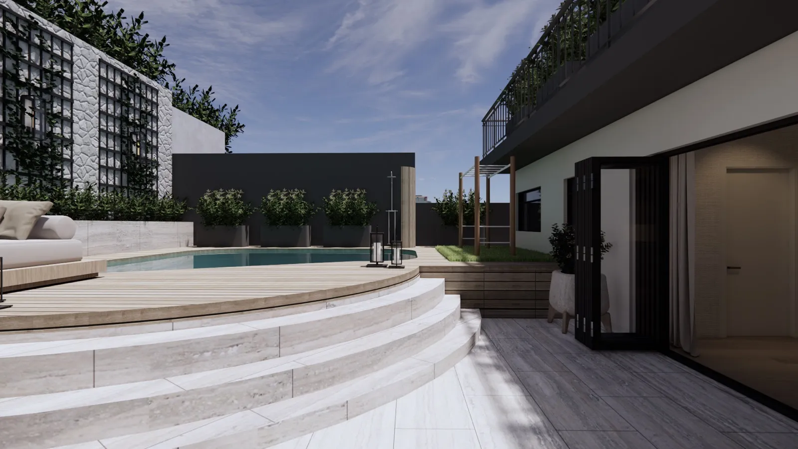 Pool deck with curved steps – Lumara, Cape Town (3D render)